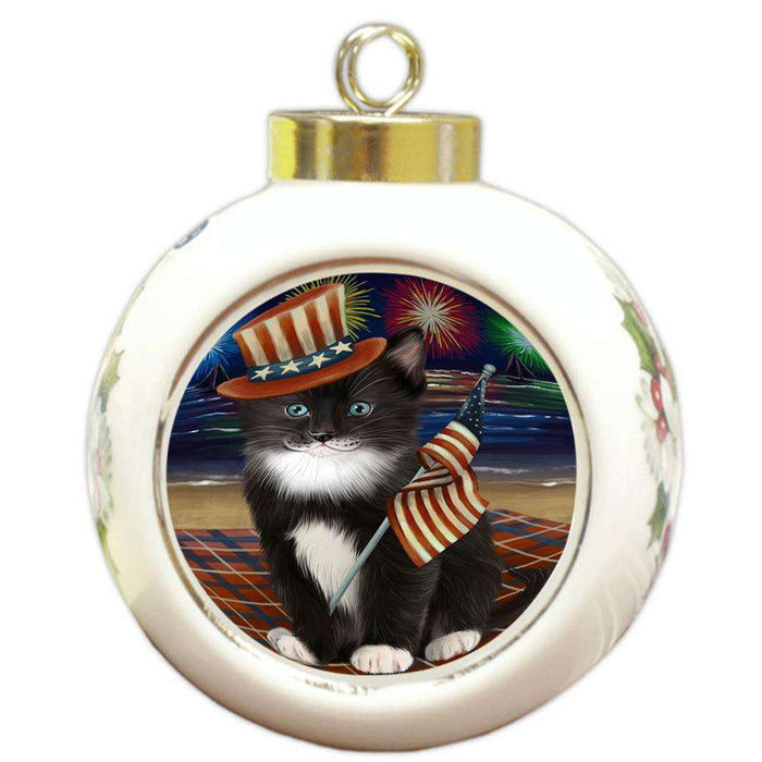 4th of July Independence Day Firework Tuxedo Cat Round Ball Christmas Ornament RBPOR52075