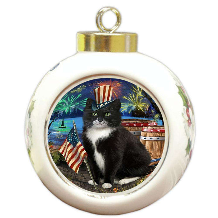 4th of July Independence Day Firework Tuxedo Cat Round Ball Christmas Ornament RBPOR54101