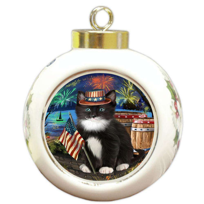 4th of July Independence Day Firework Tuxedo Cat Round Ball Christmas Ornament RBPOR54102