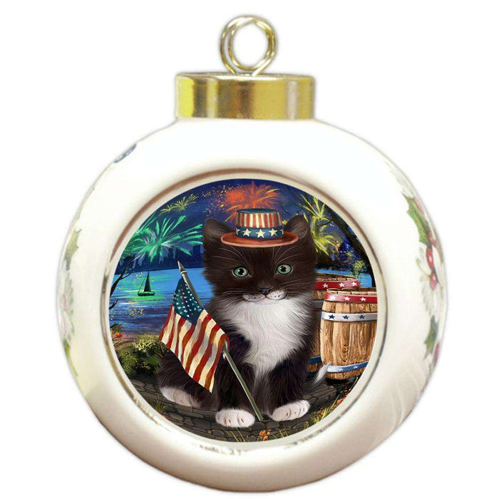 4th of July Independence Day Firework Tuxedo Cat Round Ball Christmas Ornament RBPOR54104