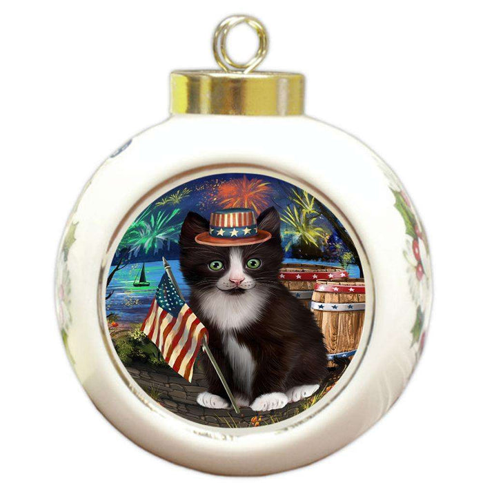 4th of July Independence Day Firework Tuxedo Cat Round Ball Christmas Ornament RBPOR54105