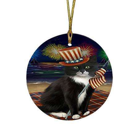 4th of July Independence Day Firework Tuxedo Cat Round Flat Christmas Ornament RFPOR52454