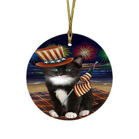 4th of July Independence Day Firework Tuxedo Cat Round Flat Christmas Ornament RFPOR52456