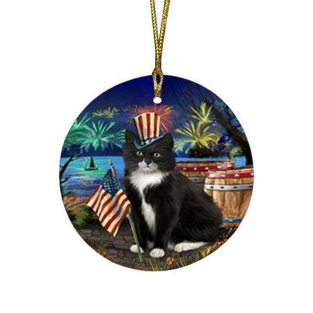 4th of July Independence Day Firework Tuxedo Cat Round Flat Christmas Ornament RFPOR54092