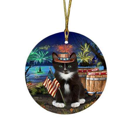 4th of July Independence Day Firework Tuxedo Cat Round Flat Christmas Ornament RFPOR54094