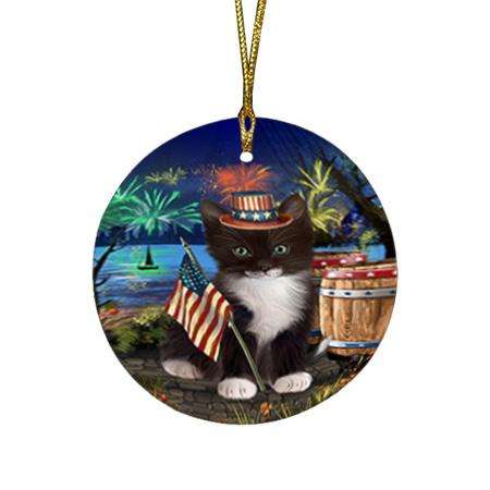 4th of July Independence Day Firework Tuxedo Cat Round Flat Christmas Ornament RFPOR54095
