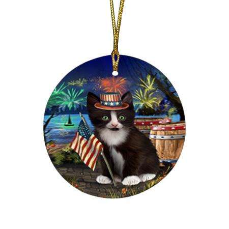 4th of July Independence Day Firework Tuxedo Cat Round Flat Christmas Ornament RFPOR54096