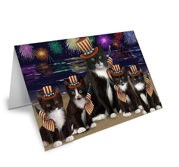 4th of July Independence Day Firework Tuxedo Cats Handmade Artwork Assorted Pets Greeting Cards and Note Cards with Envelopes for All Occasions and Holiday Seasons GCD61421