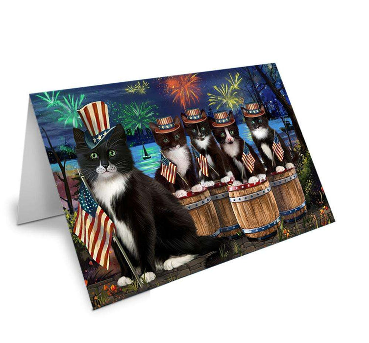 4th of July Independence Day Firework Tuxedo Cats Handmade Artwork Assorted Pets Greeting Cards and Note Cards with Envelopes for All Occasions and Holiday Seasons GCD66392