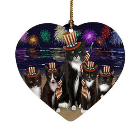 4th of July Independence Day Firework Tuxedo Cats Heart Christmas Ornament HPOR52074