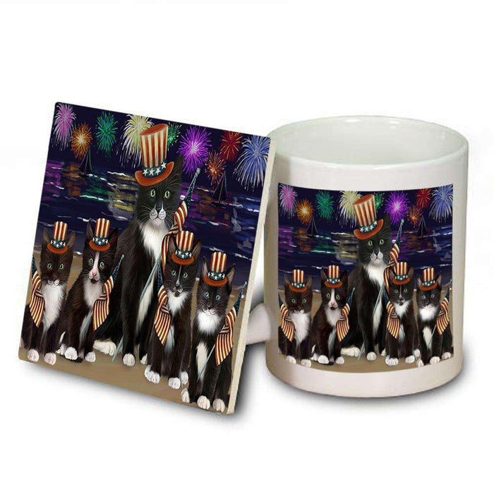 4th of July Independence Day Firework Tuxedo Cats Mug and Coaster Set MUC52066