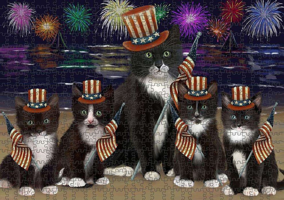 4th of July Independence Day Firework Tuxedo Cats Puzzle with Photo Tin PUZL61323