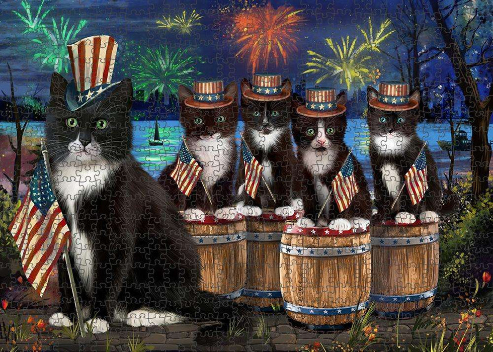 4th of July Independence Day Firework Tuxedo Cats Puzzle with Photo Tin PUZL83640