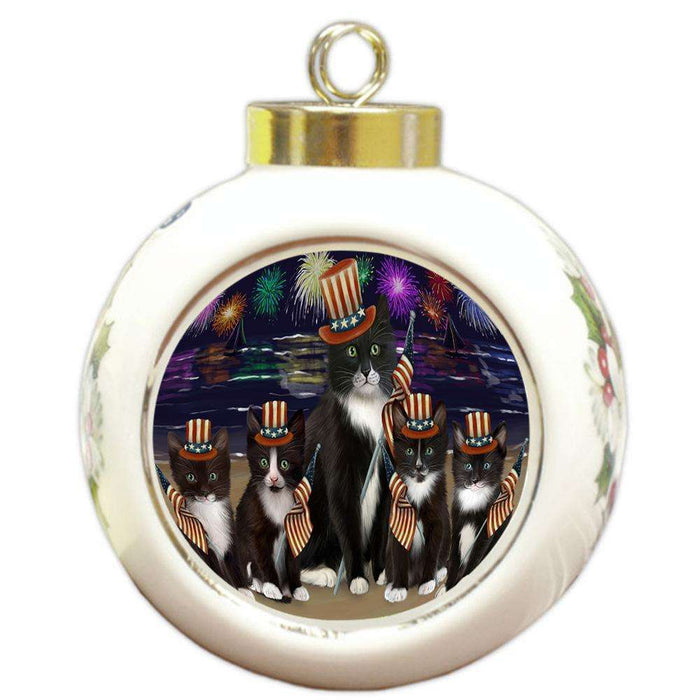 4th of July Independence Day Firework Tuxedo Cats Round Ball Christmas Ornament RBPOR52074