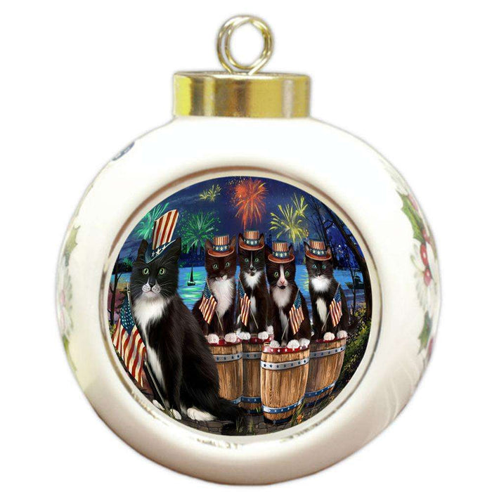 4th of July Independence Day Firework Tuxedo Cats Round Ball Christmas Ornament RBPOR54121