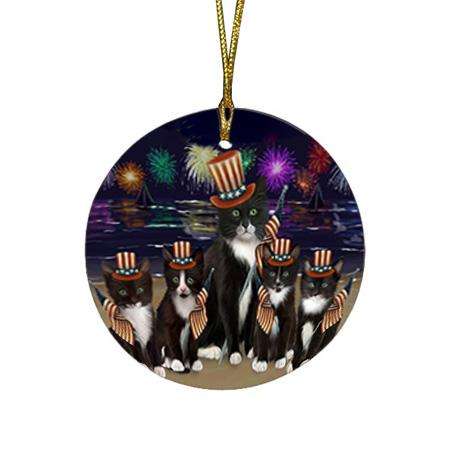 4th of July Independence Day Firework Tuxedo Cats Round Flat Christmas Ornament RFPOR52065