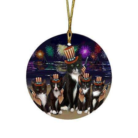 4th of July Independence Day Firework Tuxedo Cats Round Flat Christmas Ornament RFPOR52455