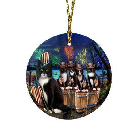 4th of July Independence Day Firework Tuxedo Cats Round Flat Christmas Ornament RFPOR54112
