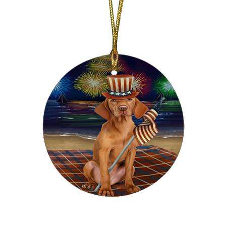4th of July Independence Day Firework Vizsla Dog Round Flat Christmas Ornament RFPOR49619