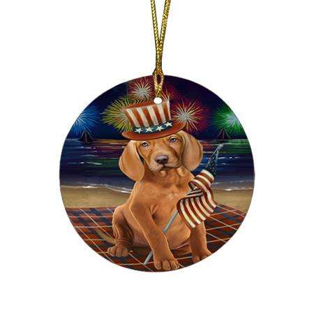 4th of July Independence Day Firework Vizsla Dog Round Flat Christmas Ornament RFPOR49621