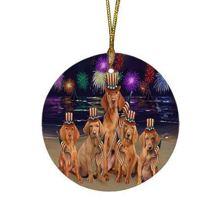 4th of July Independence Day Firework Vizslas Dog Round Flat Christmas Ornament RFPOR49620
