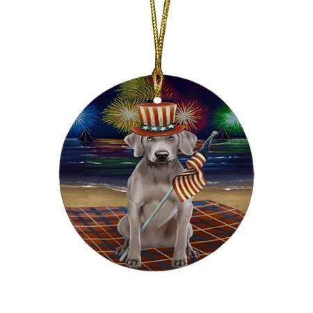 4th of July Independence Day Firework Weimaraner Dog Round Flat Christmas Ornament RFPOR49622