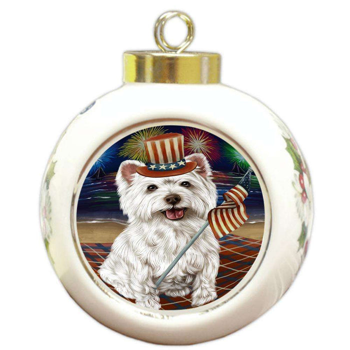 4th of July Independence Day Firework West Highland Terrier Dog Round Ball Christmas Ornament RBPOR49634