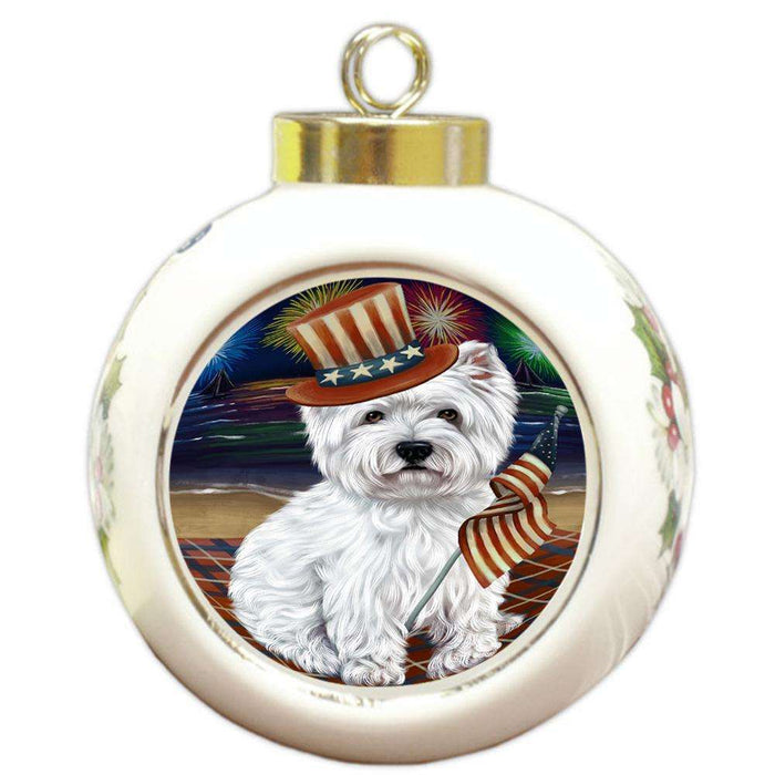 4th of July Independence Day Firework West Highland Terrier Dog Round Ball Christmas Ornament RBPOR49636