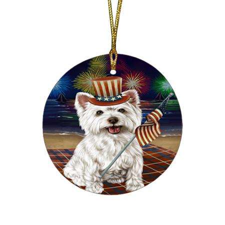 4th of July Independence Day Firework West Highland Terrier Dog Round Flat Christmas Ornament RFPOR49625