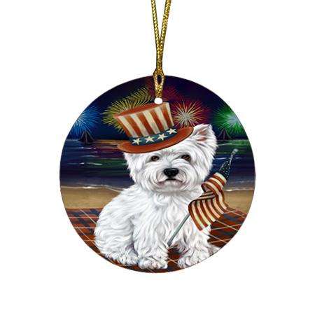 4th of July Independence Day Firework West Highland Terrier Dog Round Flat Christmas Ornament RFPOR49627