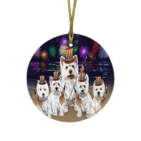 4th of July Independence Day Firework West Highland Terriers Dog Round Flat Christmas Ornament RFPOR49626