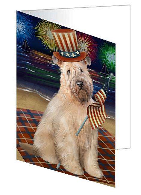 4th of July Independence Day Firework Wheaten Terrier Dog Handmade Artwork Assorted Pets Greeting Cards and Note Cards with Envelopes for All Occasions and Holiday Seasons GCD61427