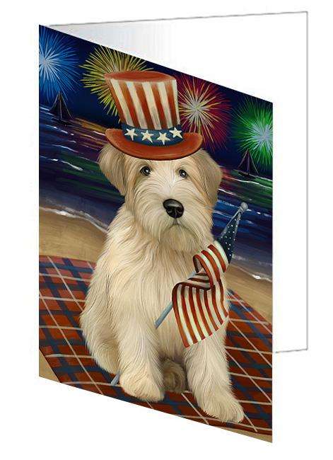 4th of July Independence Day Firework Wheaten Terrier Dog Handmade Artwork Assorted Pets Greeting Cards and Note Cards with Envelopes for All Occasions and Holiday Seasons GCD61433