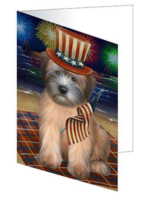 4th of July Independence Day Firework Wheaten Terrier Dog Handmade Artwork Assorted Pets Greeting Cards and Note Cards with Envelopes for All Occasions and Holiday Seasons GCD61436