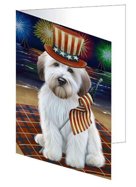 4th of July Independence Day Firework Wheaten Terrier Dog Handmade Artwork Assorted Pets Greeting Cards and Note Cards with Envelopes for All Occasions and Holiday Seasons GCD61439