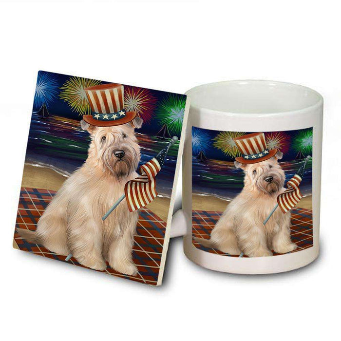 4th of July Independence Day Firework Wheaten Terrier Dog Mug and Coaster Set MUC52068