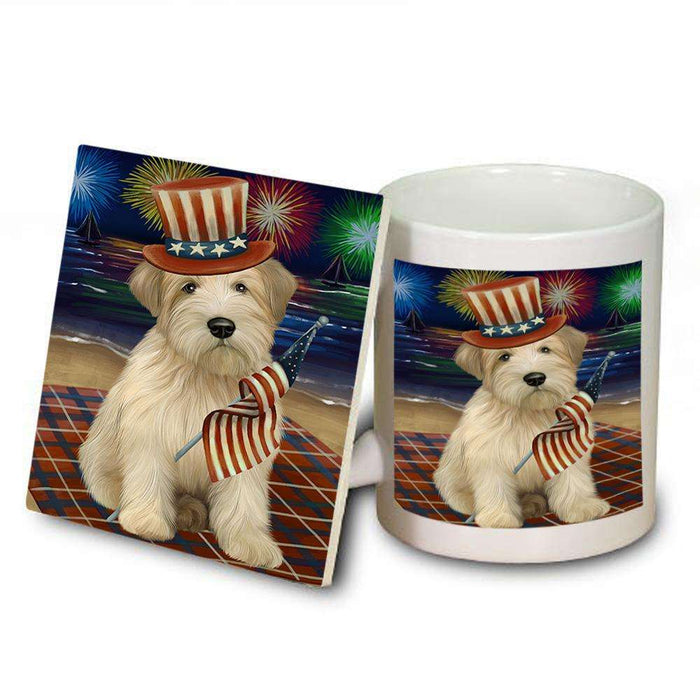 4th of July Independence Day Firework Wheaten Terrier Dog Mug and Coaster Set MUC52070