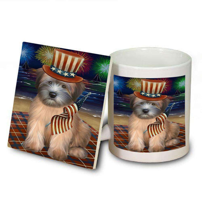 4th of July Independence Day Firework Wheaten Terrier Dog Mug and Coaster Set MUC52071