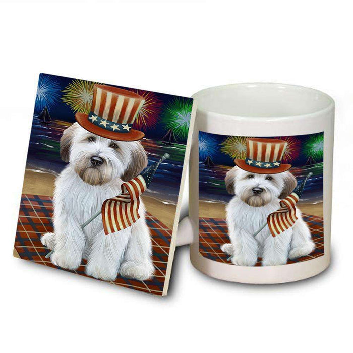 4th of July Independence Day Firework Wheaten Terrier Dog Mug and Coaster Set MUC52072