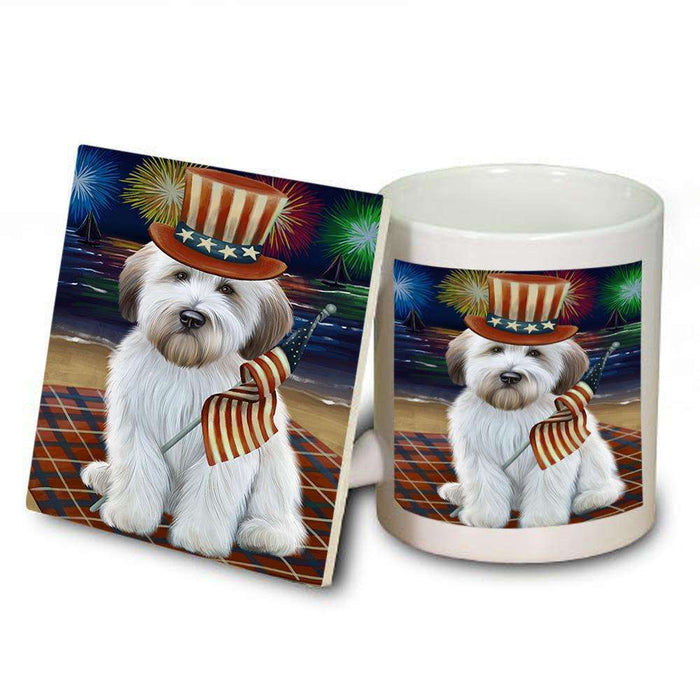 4th of July Independence Day Firework Wheaten Terrier Dog Mug and Coaster Set MUC52462