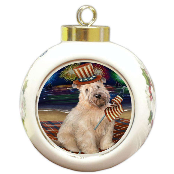 4th of July Independence Day Firework Wheaten Terrier Dog Round Ball Christmas Ornament RBPOR52076