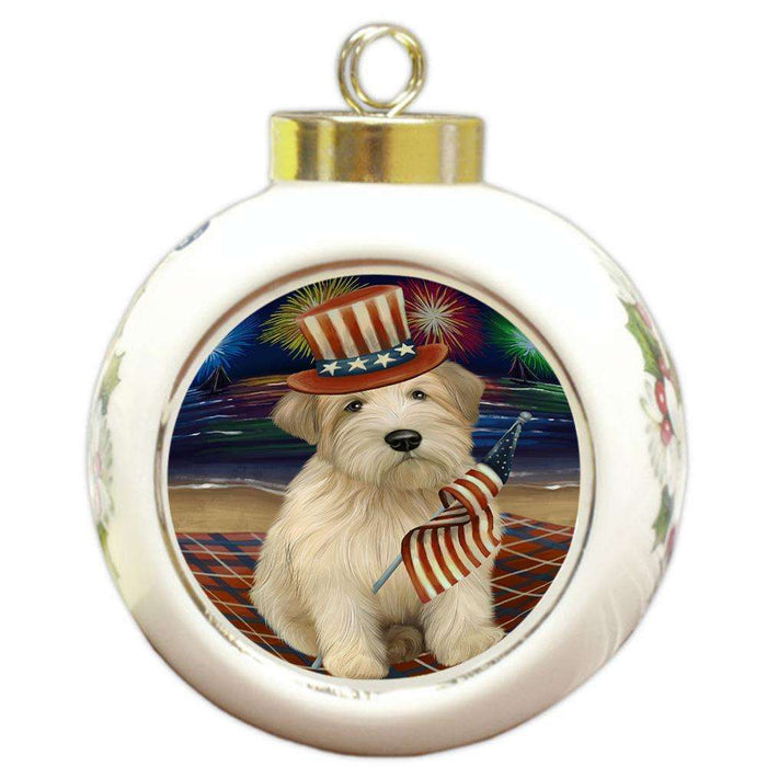 4th of July Independence Day Firework Wheaten Terrier Dog Round Ball Christmas Ornament RBPOR52078