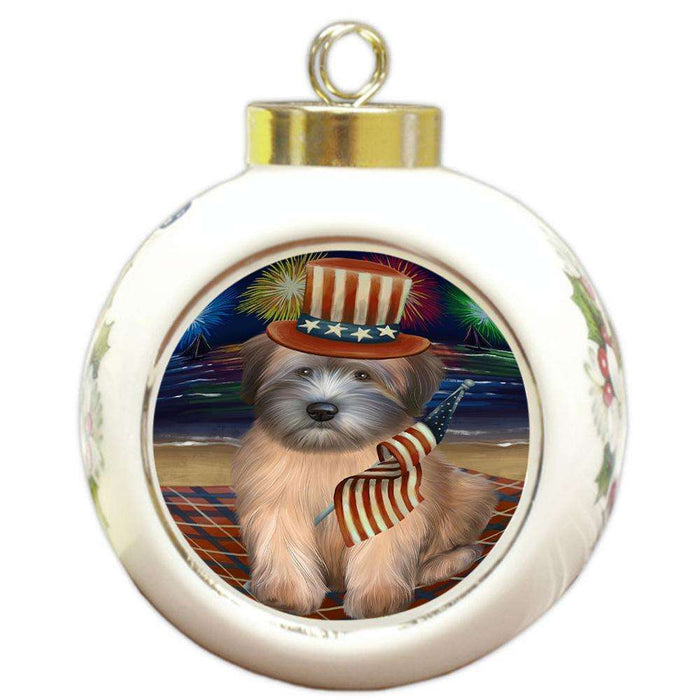4th of July Independence Day Firework Wheaten Terrier Dog Round Ball Christmas Ornament RBPOR52079