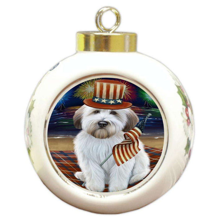 4th of July Independence Day Firework Wheaten Terrier Dog Round Ball Christmas Ornament RBPOR52080