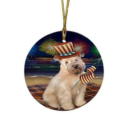 4th of July Independence Day Firework Wheaten Terrier Dog Round Flat Christmas Ornament RFPOR52067