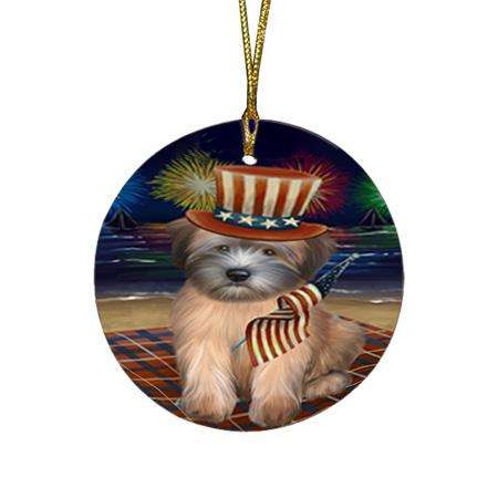 4th of July Independence Day Firework Wheaten Terrier Dog Round Flat Christmas Ornament RFPOR52070