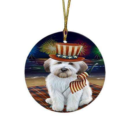 4th of July Independence Day Firework Wheaten Terrier Dog Round Flat Christmas Ornament RFPOR52071