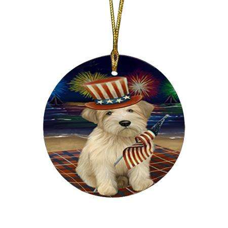 4th of July Independence Day Firework Wheaten Terrier Dog Round Flat Christmas Ornament RFPOR52459