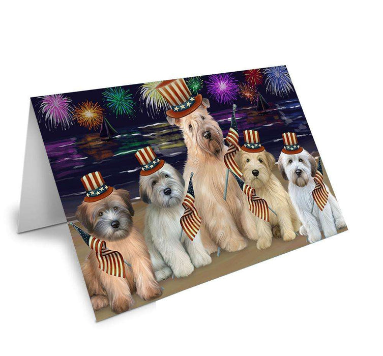 4th of July Independence Day Firework Wheaten Terriers Dog Handmade Artwork Assorted Pets Greeting Cards and Note Cards with Envelopes for All Occasions and Holiday Seasons GCD61430