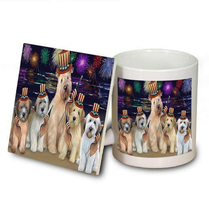 4th of July Independence Day Firework Wheaten Terriers Dog Mug and Coaster Set MUC52069